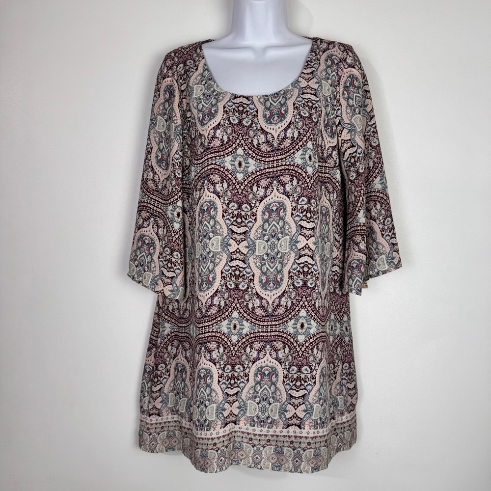 As U Wish Paisley Dress Women M Burgundy Boho Bell Sleeve Lattice Back Detail